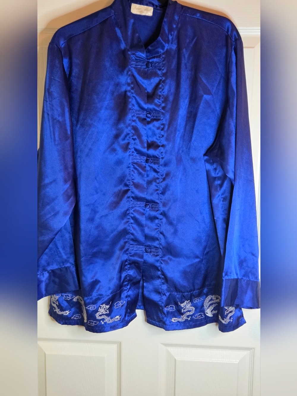 Vtg Inner Most XXL Royal Blue Embroidered Silk Style Satin LSlv Women Pajama Top